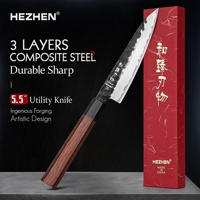 HEZHEN Allzweckmesser aus Edelstahl mit Palisandergriff in Silber, 14 cm - Bild 1