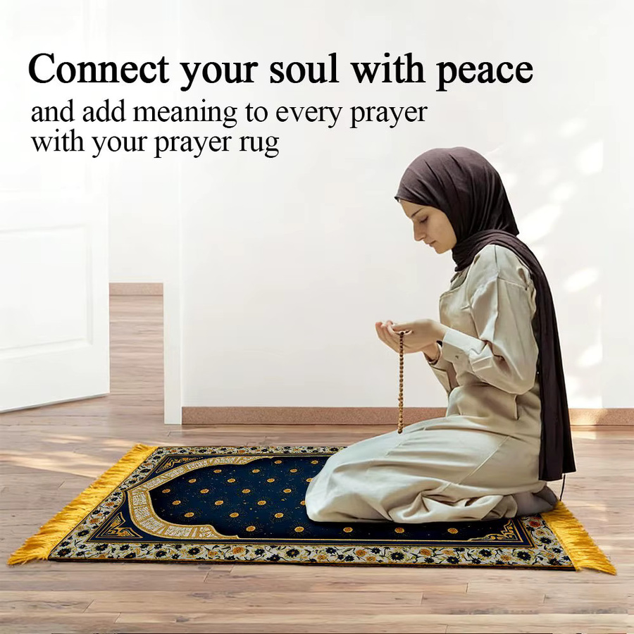 VIKAMA Gebetsteppich aus Polyester in Blau mit orientalischem Design, tragbare Islamische Salah-Matte für Zuhause und Reisen - Bild 5