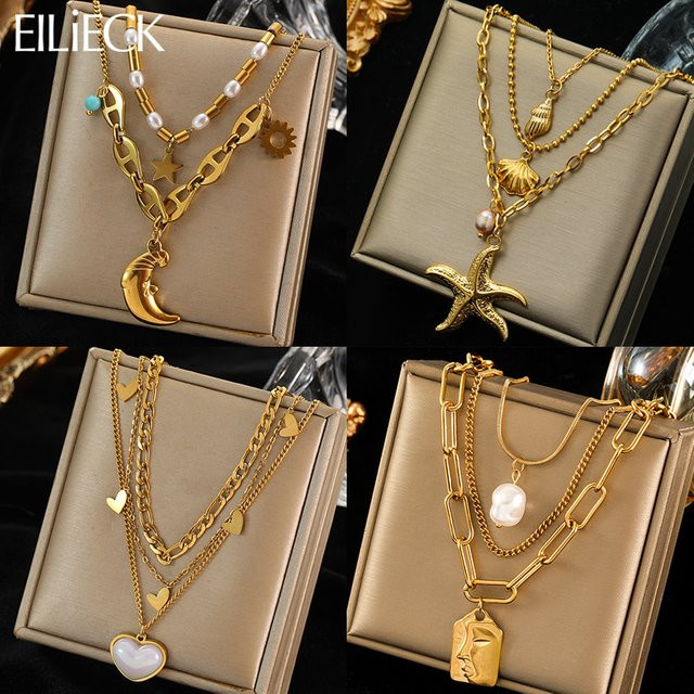 EILIECK Halskette, Edelstahl, Gold, Damen, Mond Seestern Herz Anhänger - Bild 1
