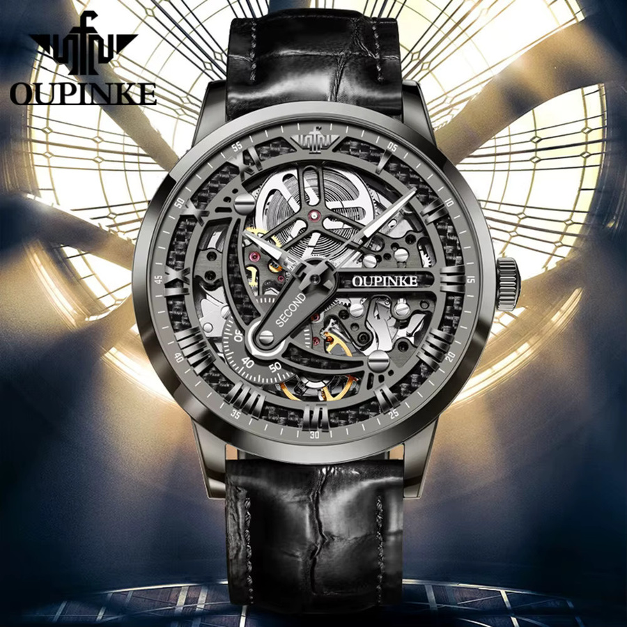 OUPINKE Armbanduhr, Skeleton, Automatik, Lederband, Herren - Bild 3