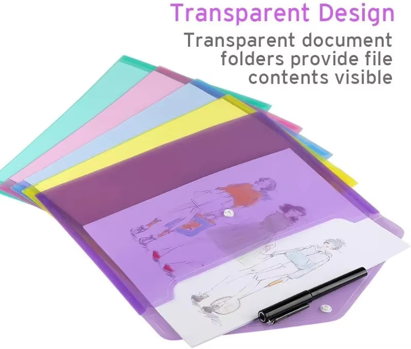 5 Stück A4 Kunststoff-Klarsichthüllen mit Druckknopf und Etikett, transparente Poly-Dateitaschen für deine Dokumente und Büroorganisation, mehrfarbig - Bild 2