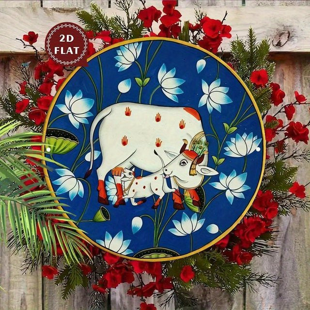 Potdemiel Vintage Wandkunstschild aus Metall mit Lotus- und Blumenmuster, rund, Mehrfarbig, Durchmesser: 20 cm - Bild 1