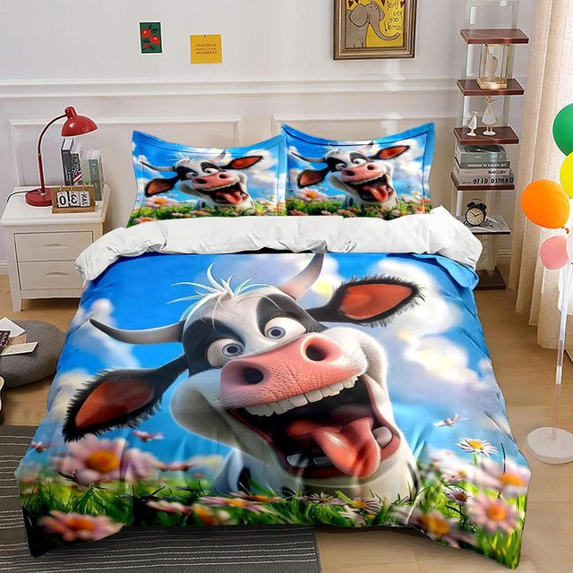 Flylo Bettwäsche-Set mit Cartoon-Kuh und Wiesenmuster für Kinder, bunt, Polyester, B/H: 140 x 210 cm - Bild 1