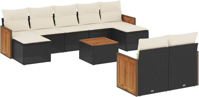 vidaXL 10-tlg Garten-Sofagarnitur aus Poly Rattan und Akazienholz in Schwarz mit Kissen - Bild 1