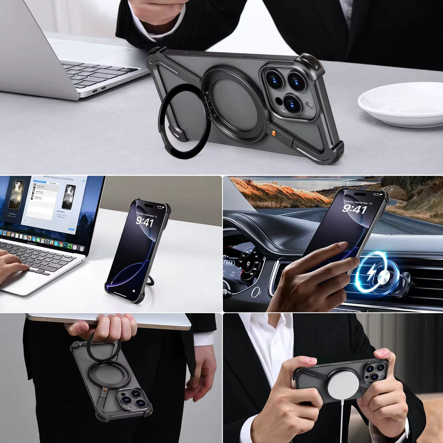 Eary Z Handyhülle für iPhone 16 15 14 13 12 Pro Max mit 360 Grad drehbarem magnetischem Ständer und MagSafe Unterstützung, Metallrahmenlose Stoßfänger-Schutzhülle in Schwarz oder Blau - Bild 6