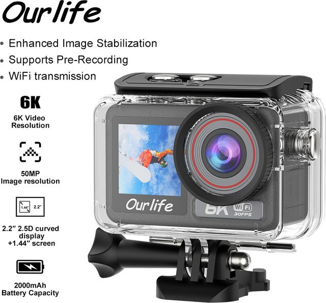 Ourlife M90TR Actionkamera in Schwarz mit 6K30FPS, 2,2 Zoll Touchscreen, 170 Grad Sichtfeld, 40m wasserdicht und WiFi-Funktion - Bild 1