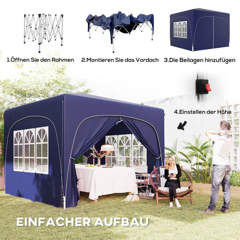 Outsunny Pop Up Gartenpavillon Dunkelblau mit 4 Seitenteilen, faltbarer Pavillon mit UPF 50+ und Tragetasche, B/T/H: 300 x 300 x 230 cm - Bild 5