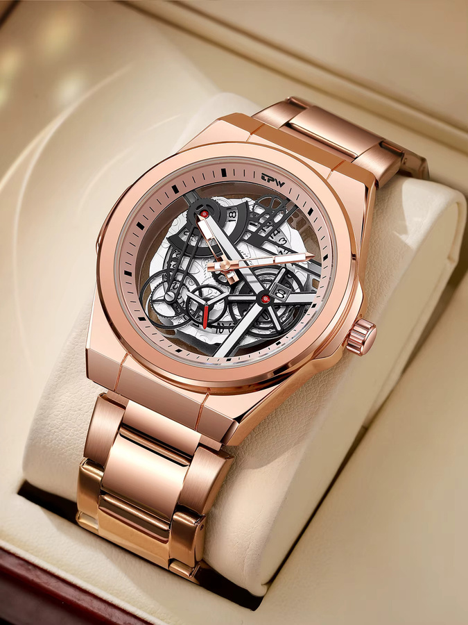 TPW Armbanduhr Skeleton, Quarz, Edelstahl, Gold, Herren, Datum - Bild 4