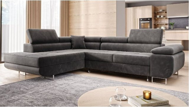 M-Punkt Ecksofa MIAMI Wohnlandschaft mit Bettfunktion und Ottomane links in Grau Samt - Bild 1