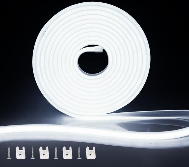 MALITAI COB Neon LED Streifen in Kaltweiß, IP67 Wasserdicht, Flexibler Silikon Lichtstreifen mit Netzteil für Innen- und Außenbereich, Zimmer, Küche, Flure, Treppen und Fenster, Länge: 5 m - Bild 1
