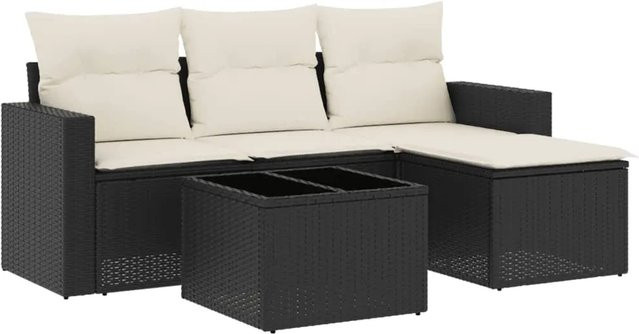 vidaXL 5-teilige Garten-Sofagarnitur aus Poly-Rattan mit Kissen in Schwarz-Creme und pulverbeschichtetem Stahl - Bild 1
