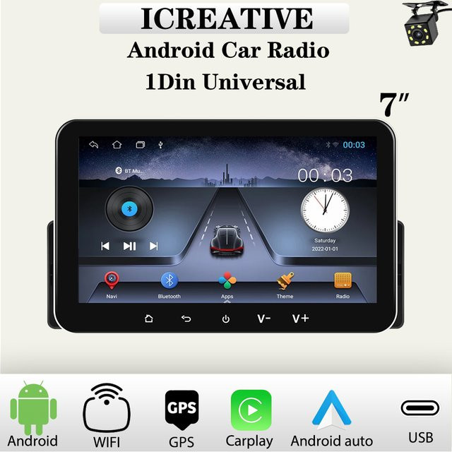 Icreative Universal 1Din Auto Radio mit 7 Zoll Touchscreen, Drahtloses Carplay und Android Auto, Wifi Navigation und GPS, Schwarz - Bild 1