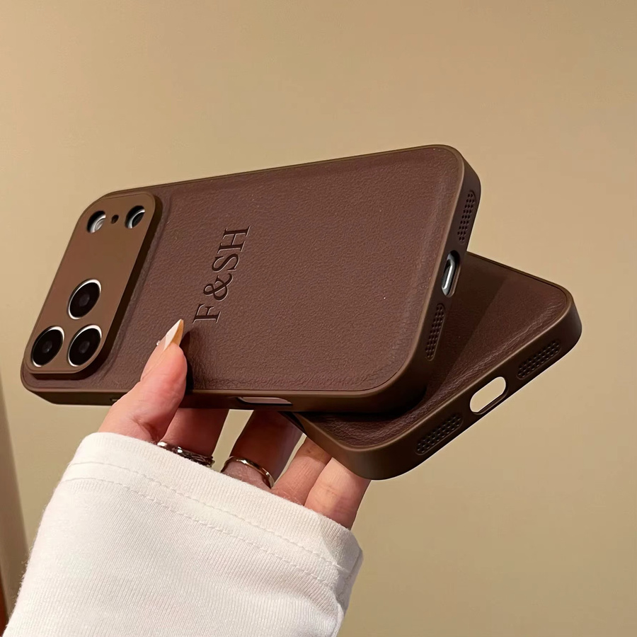 Personalisierte Luxus-Handyhülle aus Kunstleder mit individuellem Namen für Apple iPhone 17 16 15 14 13 Pro Max Plus Air in Braun - Bild 2