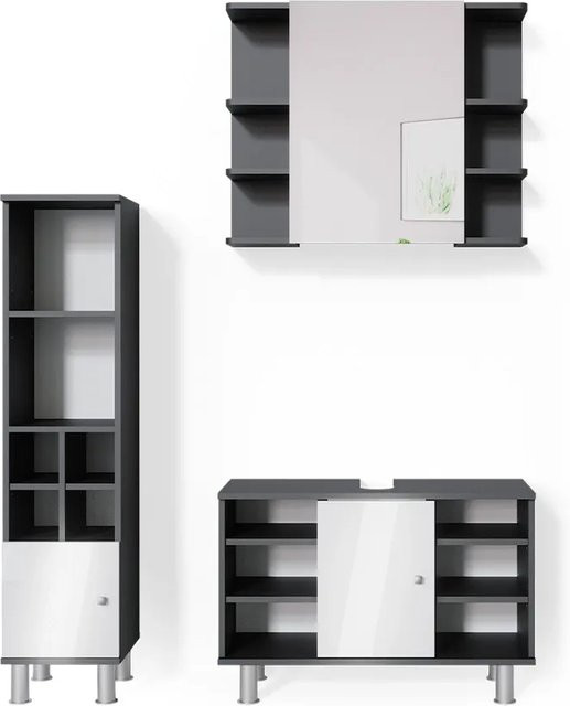 Vicco Badmöbel Set Fynn 3-teilig in Anthrazit und Weiß mit Spiegelschrank, Waschbeckenunterschrank und Hochschrank - Bild 2