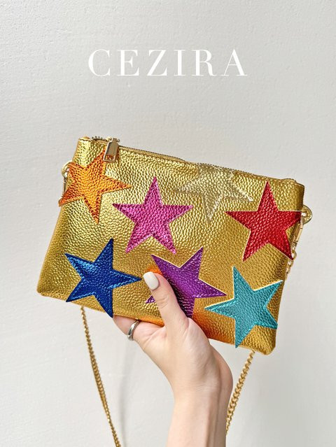 CEZIRA Schultertasche, Metallic PU Leder, Sterne Muster, Damen - Bild 1