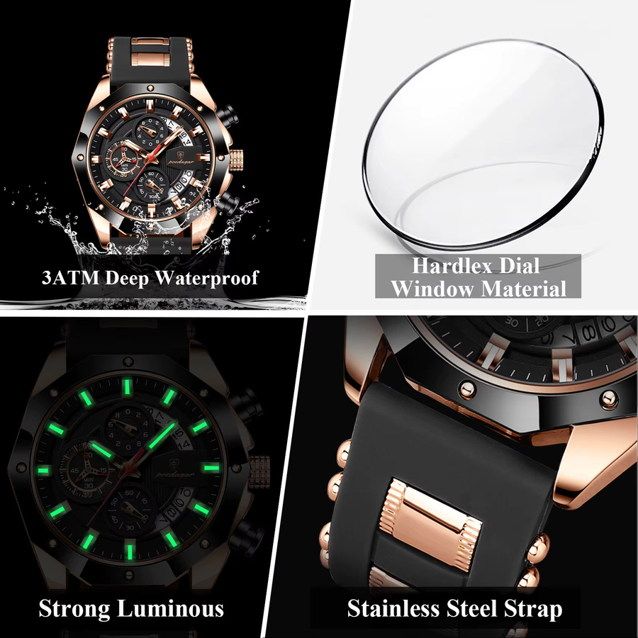 POEDAGAR Armbanduhr Chronograph, Quarz, Silikon, Schwarz, Herren - Bild 4