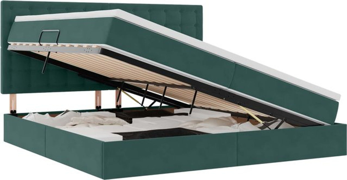 vidaXL Polsterbett mit Stauraum und LED in Grün aus Samt und Metall, B/T/H: 200 x 200 x 128 cm - Bild 1