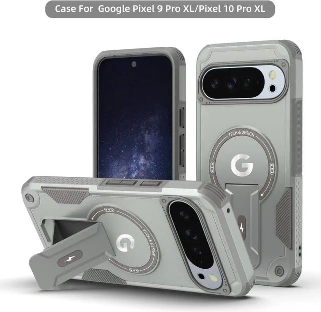 Military Armor Anti-Drop Handyhülle mit magnetischem Ständer für Google Pixel 10 Pro XL und Pixel 9 Pro XL, MagSafe Wireless Charging kompatibel, Grau - Bild 1