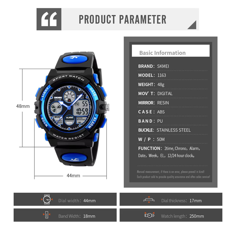 SKMEI Armbanduhr Kinder, Digitaluhr, Blau, Kunststoff, 5 Bar Wasserdicht - Bild 5