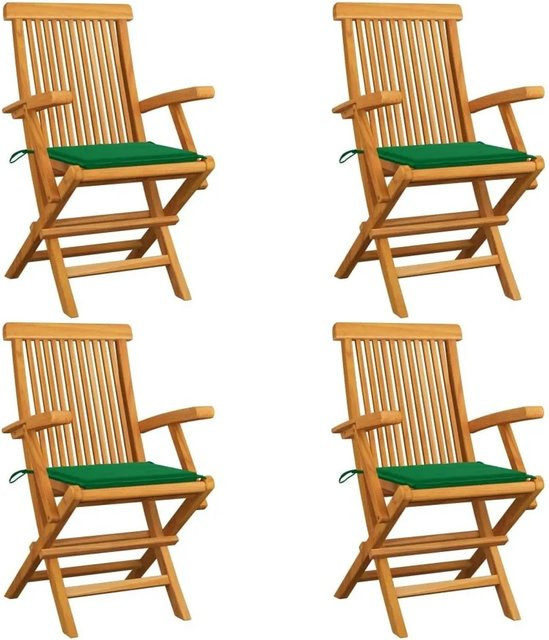 vidaXL Gartenstuhl-Set aus Teak-Massivholz mit grünen Kissen, 4 Stück, stapelbar - Bild 1