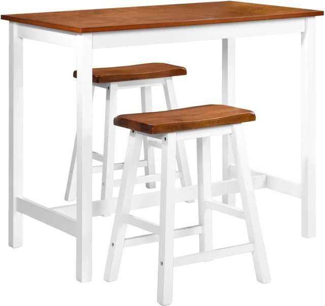 vidaXL Bartisch- und Hocker-Set 3-tlg. aus Massivholz und MDF in Braun und Weiß - Bild 1