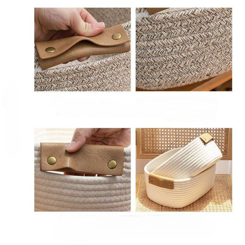 NATAWA Aufbewahrungskorb aus Baumwollseil mit Ledergriff, faltbarer Organizer für Kosmetik und Kleinigkeiten, beige/braun - Bild 3