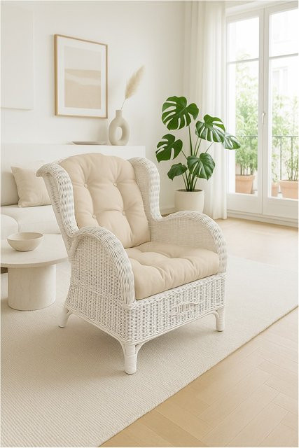 Rattansessel Hajo mit Kissenauflagen und Vliesfüllung in Braun, Weiß oder Beige - Bild 1