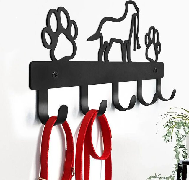 CIFBUY Wandregal mit 5 Metallpfoten-Aufhängern für Hunde, Organizer aus Eisen in Schwarz, B/T/H: 32,0 x 15,0 x 4,0 cm - Bild 1