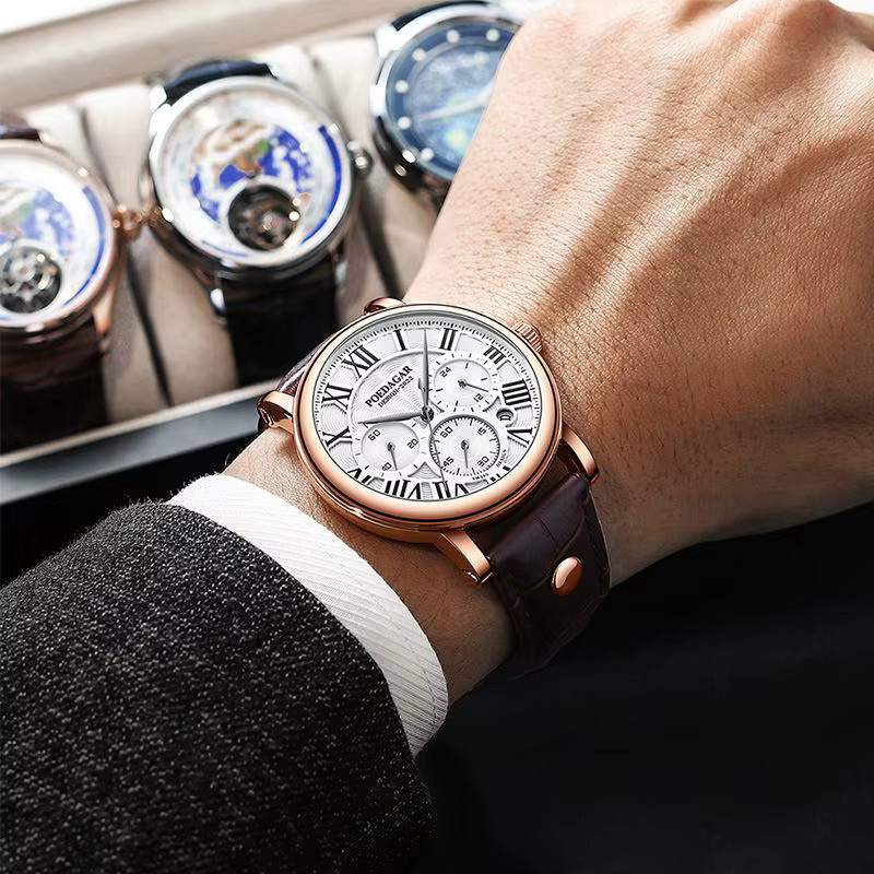 POEDAGAR Armbanduhr Chronograph, Quarz, Leder, Schwarz, Herren - Bild 5