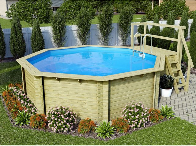 Karibu Achteck Aufstellpool Modell 2 aus Massivholz Fichte in Blau und Grau inklusive Poolfolie, Schutzvlies und Einhängeleiter, B/T: 420 x 420 cm - Bild 1