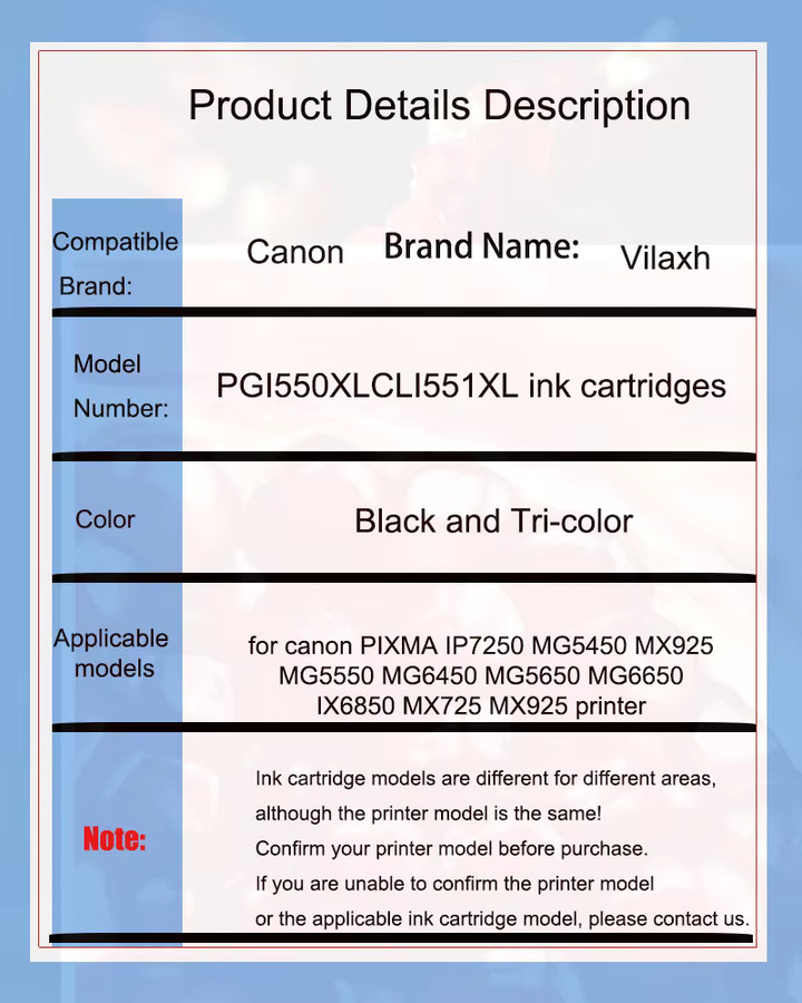 Vilaxh Tintenpatronen PGI550 CLI551 Multicolor für Canon Pixma MG 5450 5550 6350 6450 7150 8750 IP 7250 MX 925 725 - Bild 2