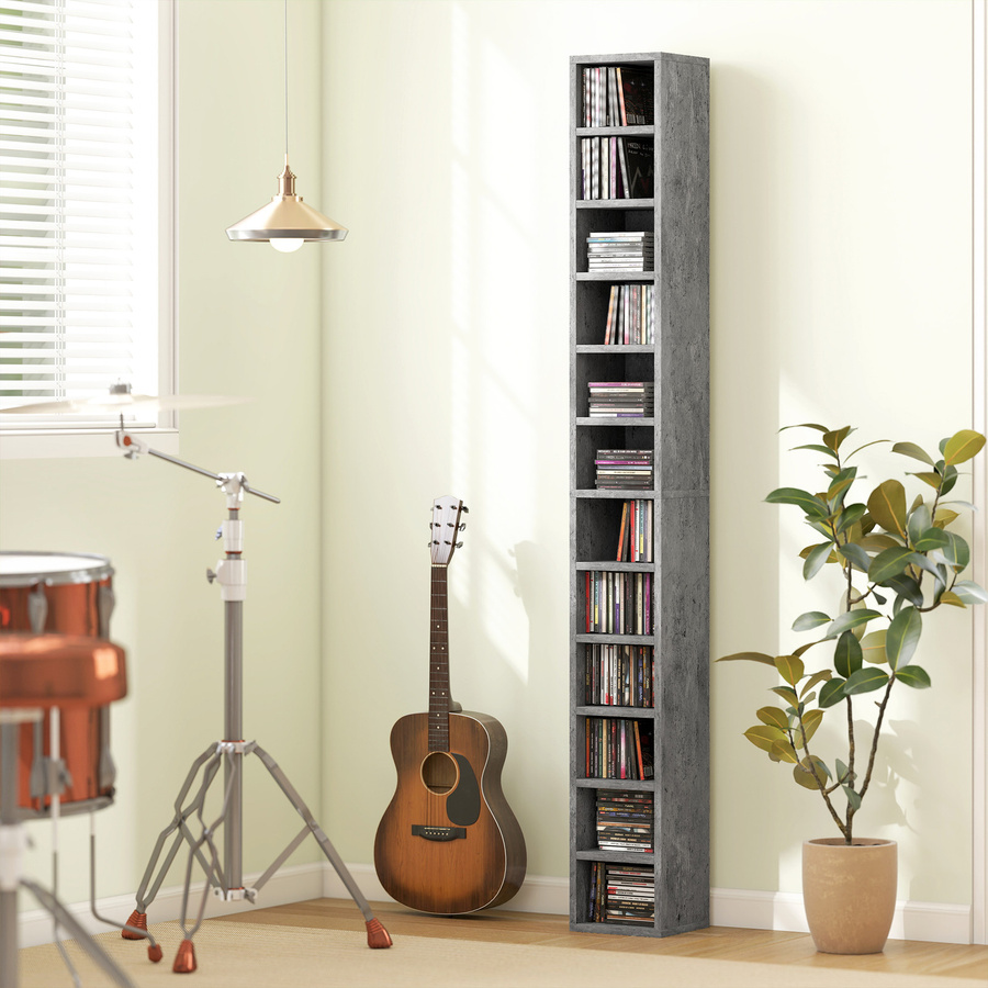 HOMCOM CD-Regal mit 12 Fächern für bis zu 204 CDs, platzsparender CD-Schrank in Zementgrau, B/T/H: 21 x 20 x 175 cm - Bild 2