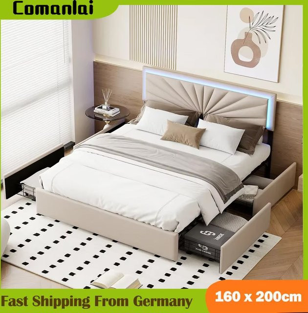 Comanlai Polsterbett mit 4 Schubladen und LED-Beleuchtung in Beige, B/T: 160 x 200 cm - Bild 1