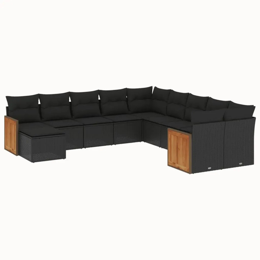vidaXL 11-teilige Garten-Sofagarnitur in U-Form aus Polyrattan und Akazienholz mit Kissen, Schwarz - Bild 2