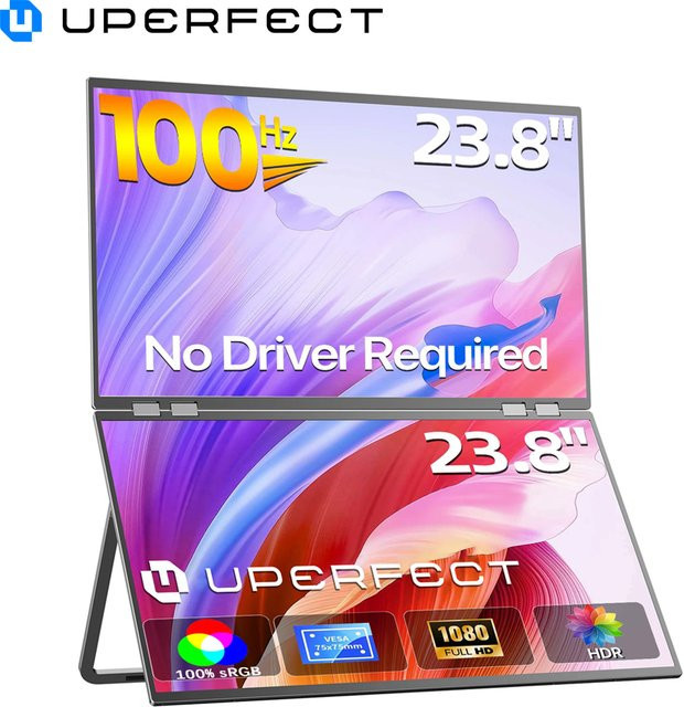 UPERFECT Delta Mega Dual Screen Stacked Computer Monitor 23,8 Zoll 100Hz mit Lautsprechern Schwarz - Bild 1