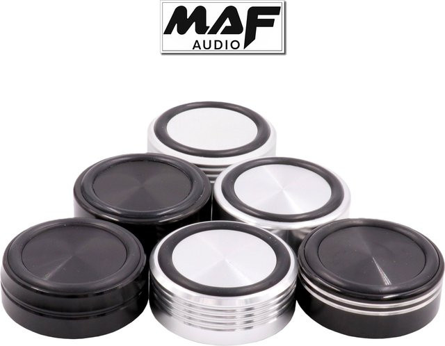GD-PARTS Set aus 4 CNC-gefrästen Aluminium Standfüßen mit Spike-Matte Pads in Schwarz für Lautsprecher, Verstärker, DAC und CD-Player - Bild 1