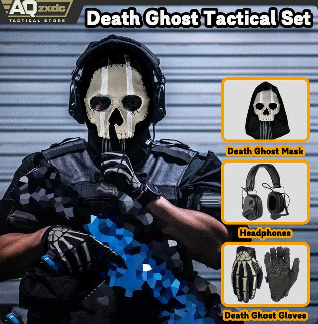 AQzxdc Cod Ghost Mask V2 Set in Schwarz mit taktischem Headset und Handschuhen für Airsoft und Cosplay - Bild 1