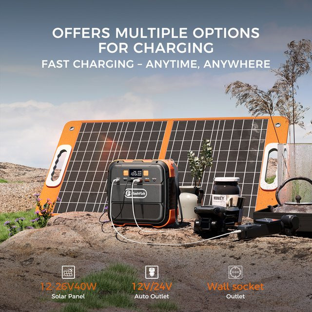 Flashfish Tragbares Kraftwerk mit 60 W Solarpanel und 120 W Wechselrichter, Orange, 97,68 Wh - Bild 1
