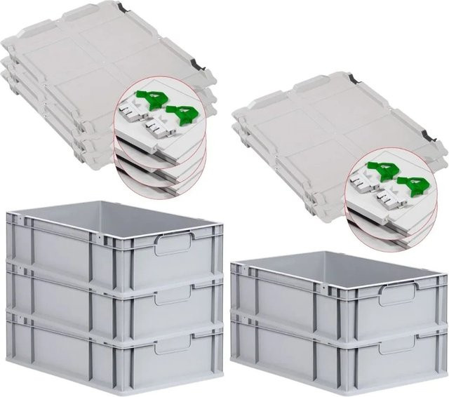 PROREGAL Spar Set 5x Eurobox Nextgen Economy mit Scharnierdeckel und grünen Schiebeschnappverschlüssen, Grau, H x B x T: 17 x 40 x 60 cm, 34 Liter - Bild 1