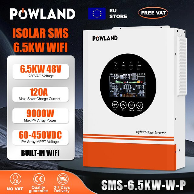 POWLAND Hybrid-Solarwechselrichter 6,5KW 48V 230V mit MPPT 120A, Reine Sinuswelle, WIFI und BMS, Farbe: Weiß - Bild 1