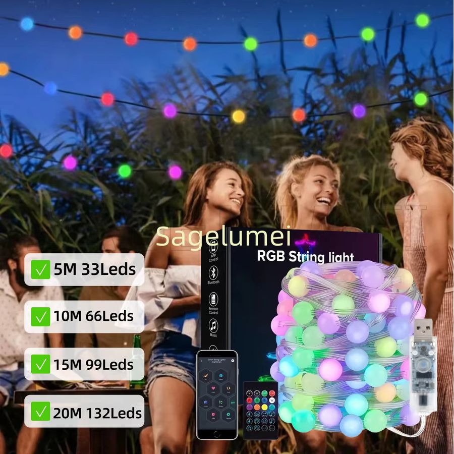 SAGE LU MEI RGBIC LED Kugel-Lichterkette mit Bluetooth, App-Steuerung und Musik-Controller, wasserdicht für Outdoor, Camping und Gartendekoration - Bild 3