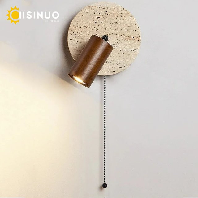 IISINUO LED-Wandleuchte im Wabi-Sabi-Stil aus Stein und Holz, braun, verstellbare Leseleuchte mit Zugschalter für Flur und Zuhause - Bild 1