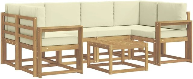 vidaXL Outdoor-Sofagarnitur aus Akazienholz in L-Form mit Kissen und Couchtisch, 7-teilig, Weiß und Beige - Bild 1