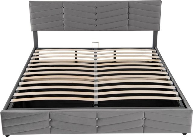 KOMHTOM Polsterbett mit hydraulischem Lift-up-Boden, Doppelbett im Streifen-Stil aus Samt, Grau, B/T/H: 160 x 200 x 40 cm - Bild 1