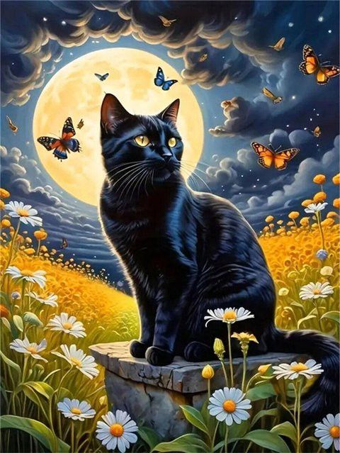 YUTTEE Diamant-Mosaik DIY Set mit schwarzer Katze und Mond in Multicolor, Strasssteine Rund, B/H: 30 x 20 cm - Bild 1