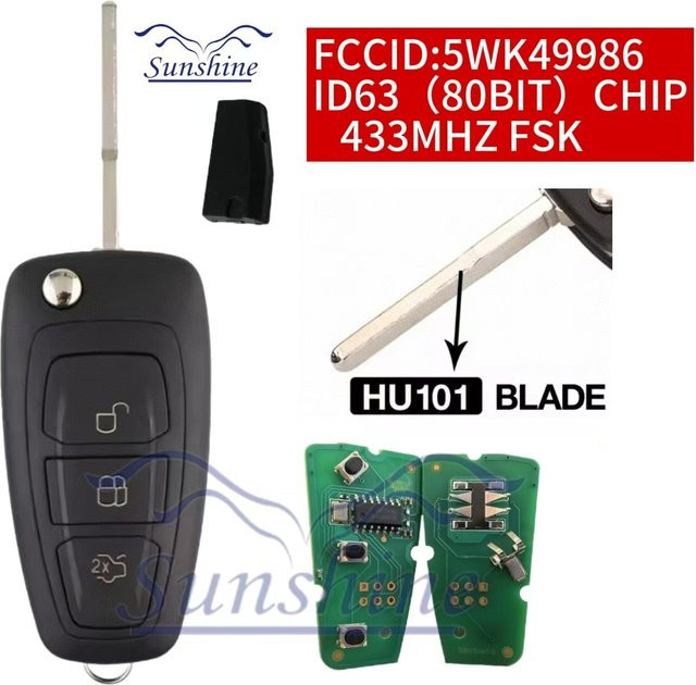 Sunshine Fernbedienung Auto Schlüssel Bord Fob 433MHz FSK 4D83 40bit Chip für Ford Focus MK3 und T6 Ranger in Schwarz - Bild 1