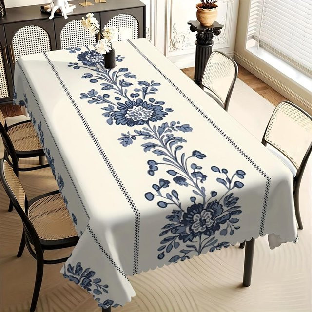 JMG Household Supplies Tischdecke mit Blumendruck in Blau und Weiß, rechteckig, wasserabweisend und waschbar, B/T/H: 140 x 180 cm - Bild 1
