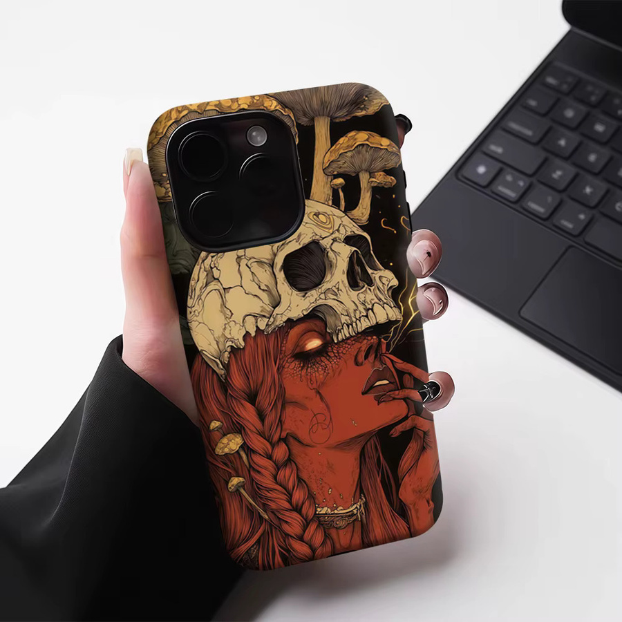 Robuste iPhone Handyhülle mit Totenkopf- und Pilz-Design für Apple iPhone 17 16 15 14 13 Pro Max Plus, magnetisch, Mehrschicht-Schutz, Multicolor - Bild 5