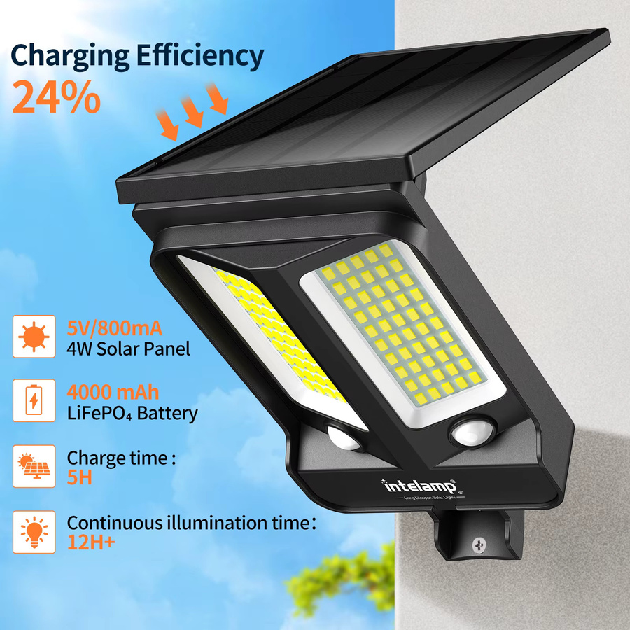 intelamp Solar-Straßenlaterne mit LED und zwei Bewegungssensoren, wasserdichtes Solar-Sicherheitsflutlicht für Garten, Hof und Garage, Schwarz - Bild 2