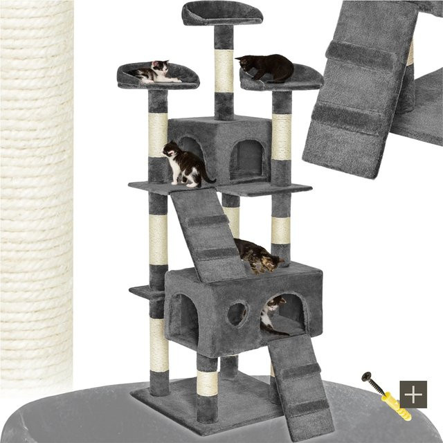 tectake Kratzbaum Mogli mit 2 Katzenhäusern und 2 Treppen in Grau, H x B x T: 170 x 60 x 60 cm - Bild 1